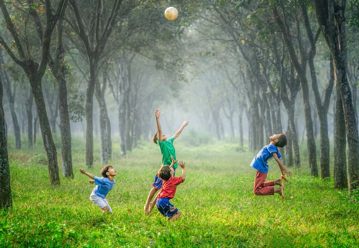 Children joyfully playing with a ball in a green grove
